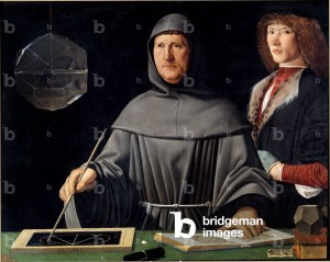 LRI4635024 Portrait of the Italian physicist and mathematician Fra Luca Pacioli, 1945 (oil on canvas) by Barbari, Jacopo de' (1440/50-a.1515); 99x120 cm; Museo e Real Bosco di Capodimonte, Naples, Campania, Italy; (add.info.: with his pupil probably Guidobaldo de Montefeltre (Montefeltro), Duke of Urbino (Urbino) (1445 - 1514)); Luisa Ricciarini.